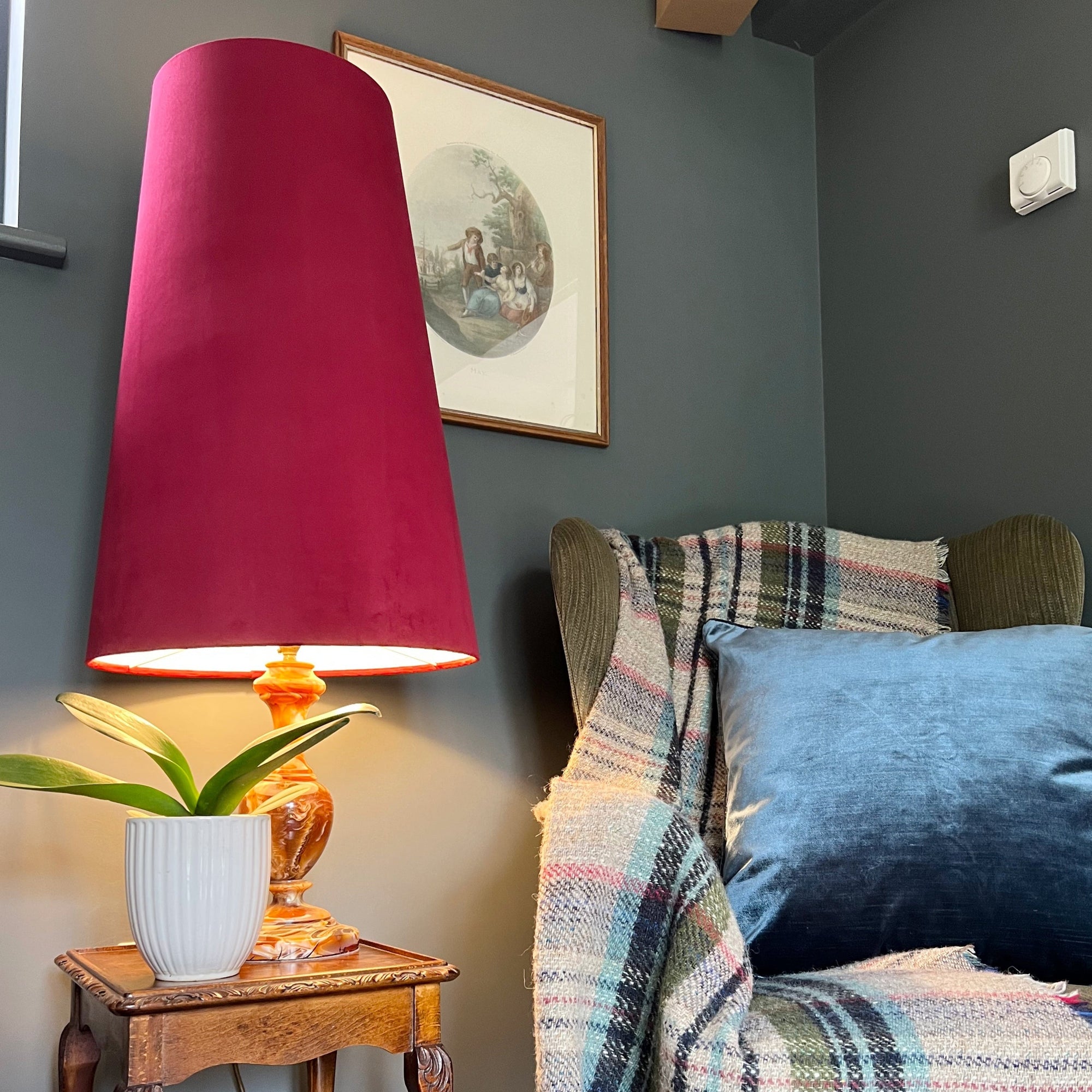 Red Velvet Lampshade | Extra Tall Cone Light Shade | Bespoke Handmade UK