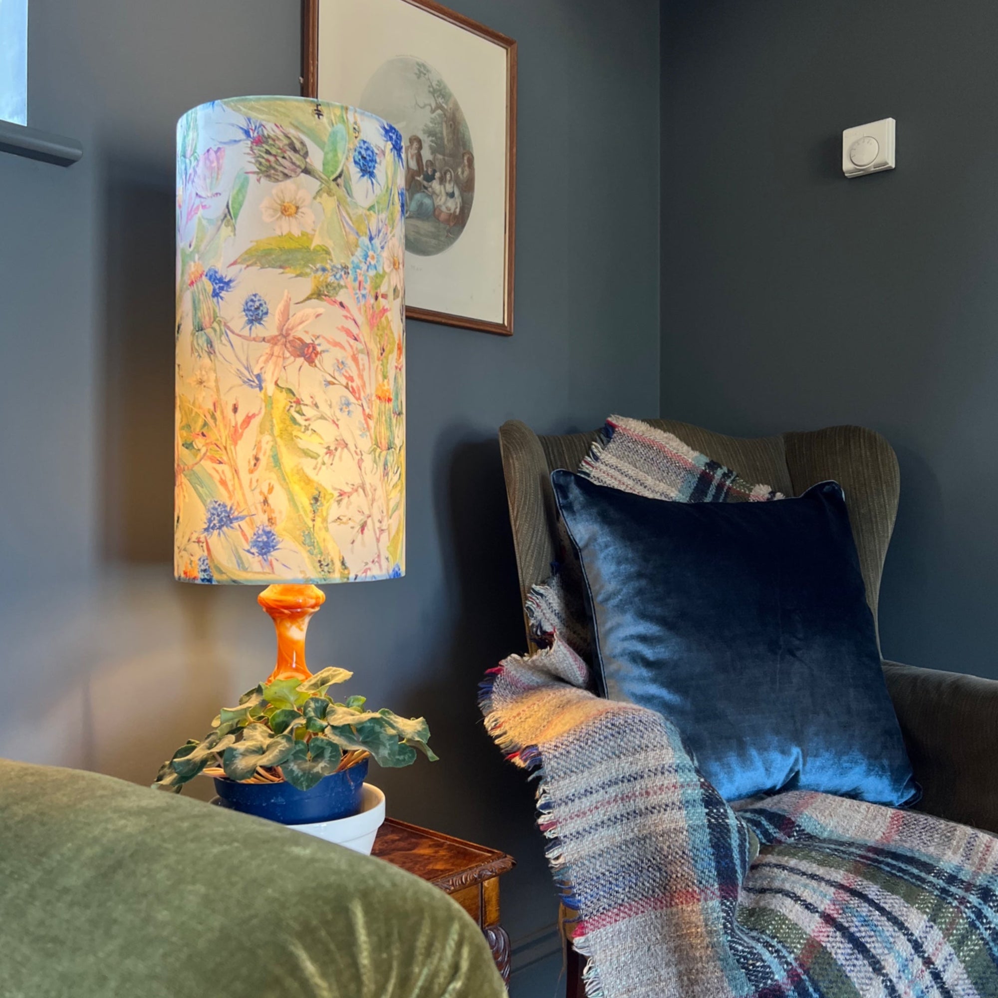 Spring Garden Velvet Lampshade | Extra Tall Cylinder Ceiling Light Shade | Bespoke Handmade UK