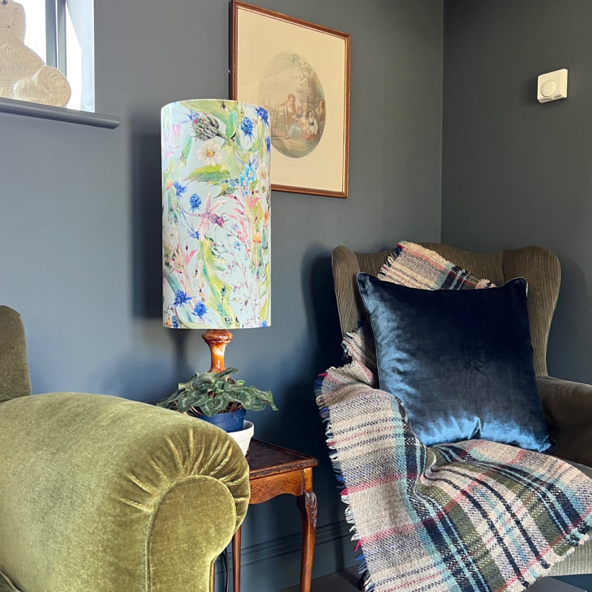 Spring Garden Velvet Lampshade | Extra Tall Cylinder Ceiling Light Shade | Bespoke Handmade UK