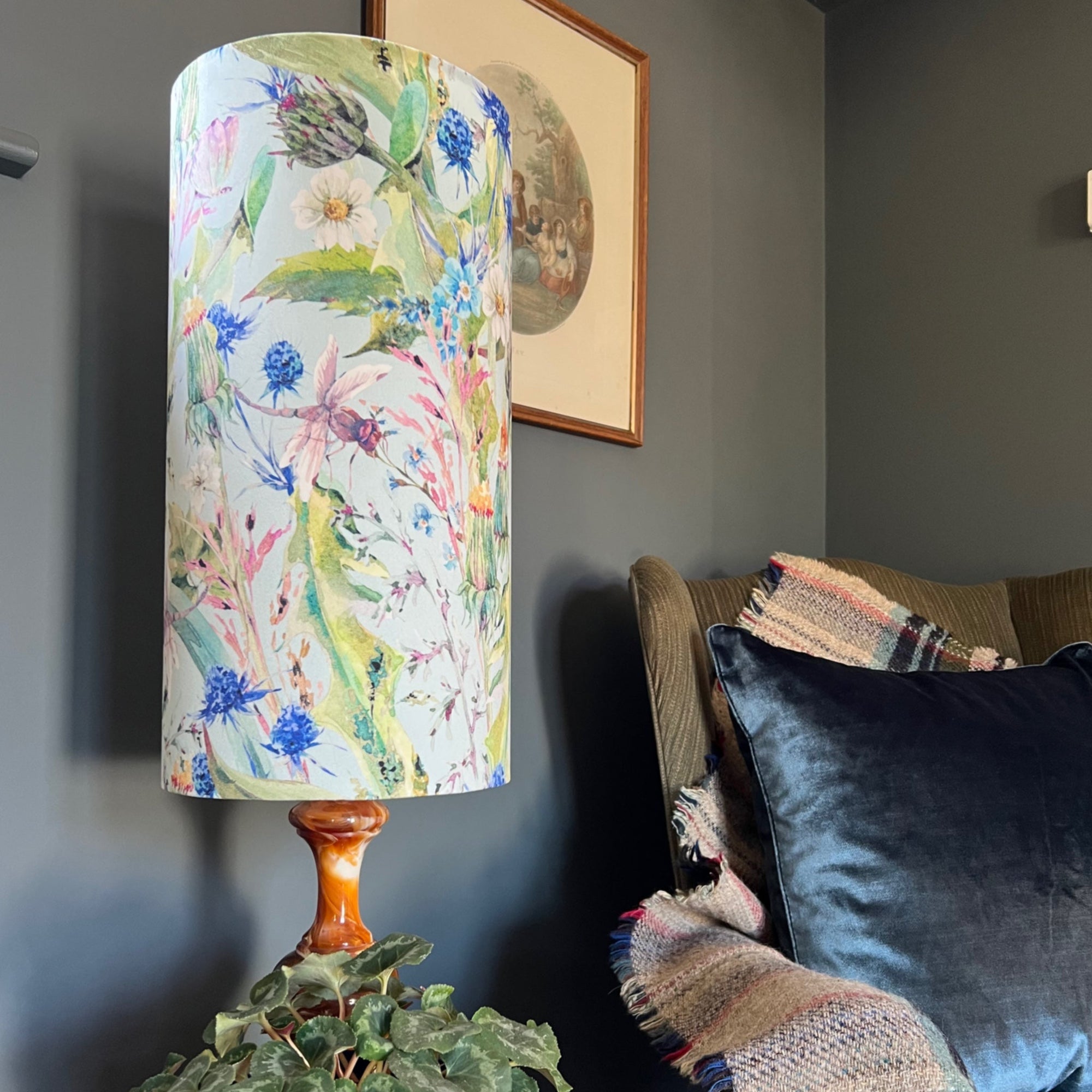 Spring Garden Velvet Lampshade | Extra Tall Cylinder Ceiling Light Shade | Bespoke Handmade UK