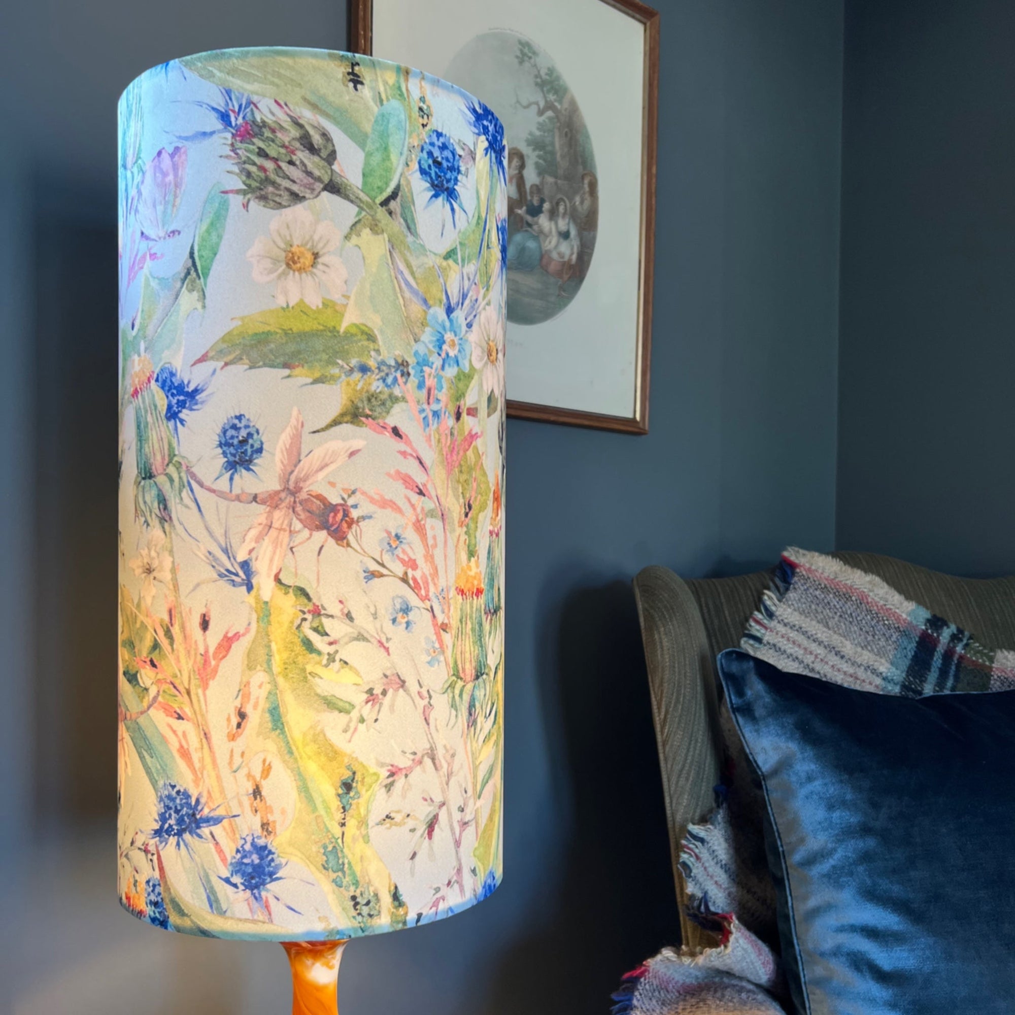 Spring Garden Velvet Lampshade | Extra Tall Cylinder Ceiling Light Shade | Bespoke Handmade UK