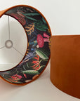 Burnt orange velvet drum lampshade/ ceiling light shade with wonderland paper interior