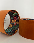Burnt orange velvet drum lampshade/ ceiling light shade with wonderland paper interior
