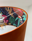 Burnt orange velvet drum lampshade/ ceiling light shade with wonderland paper interior