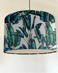 Leaves velvet in white, drum lampshade / ceiling shade, with a white lining