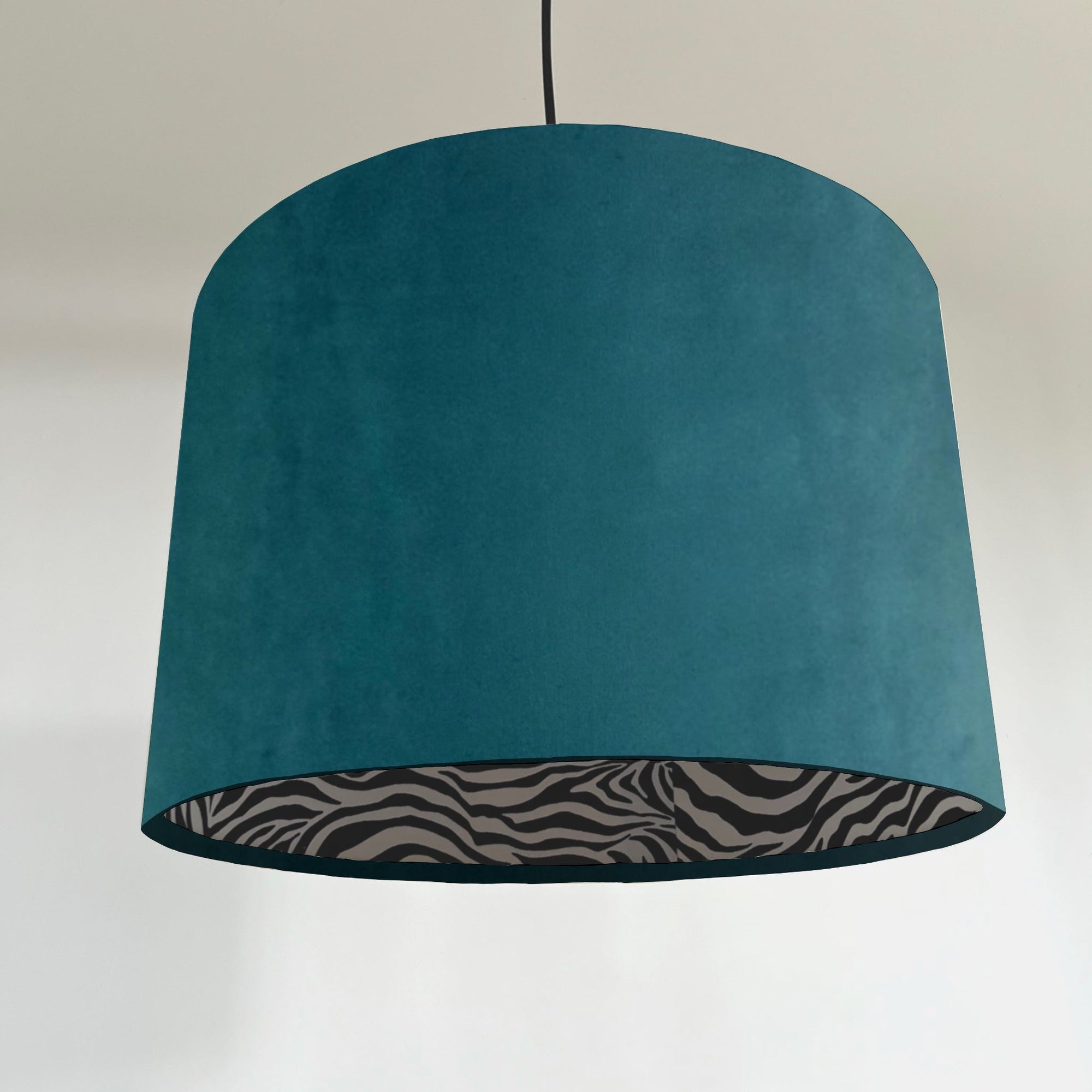Teal Velvet &amp; Zebra Cotton Double Sided Drum Lampshade | Handmade Ceiling Light Shade | Bespoke UK