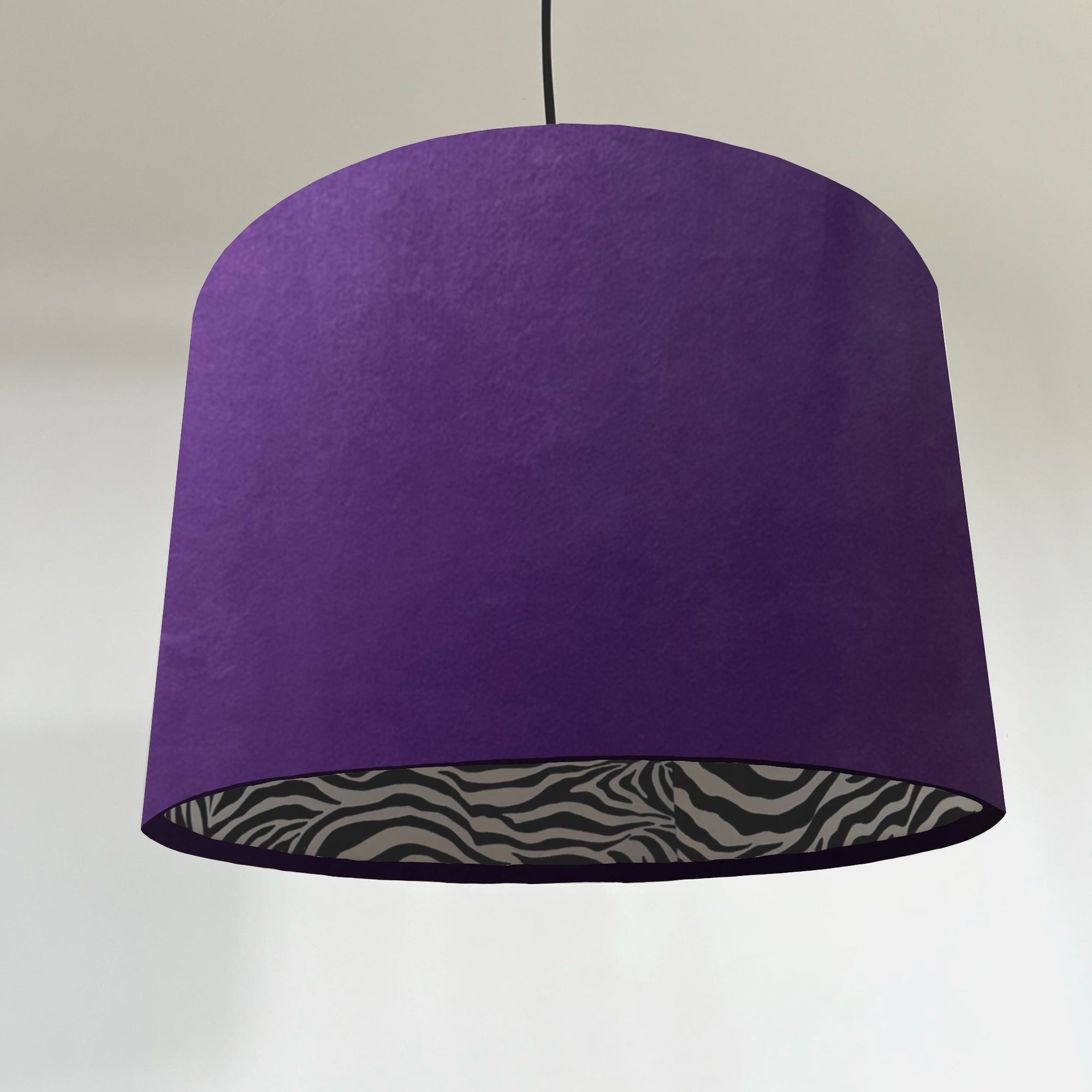 Purple Velvet &amp; Zebra Cotton Double Sided Drum Lampshade | Handmade Ceiling Light Shade | Bespoke UK
