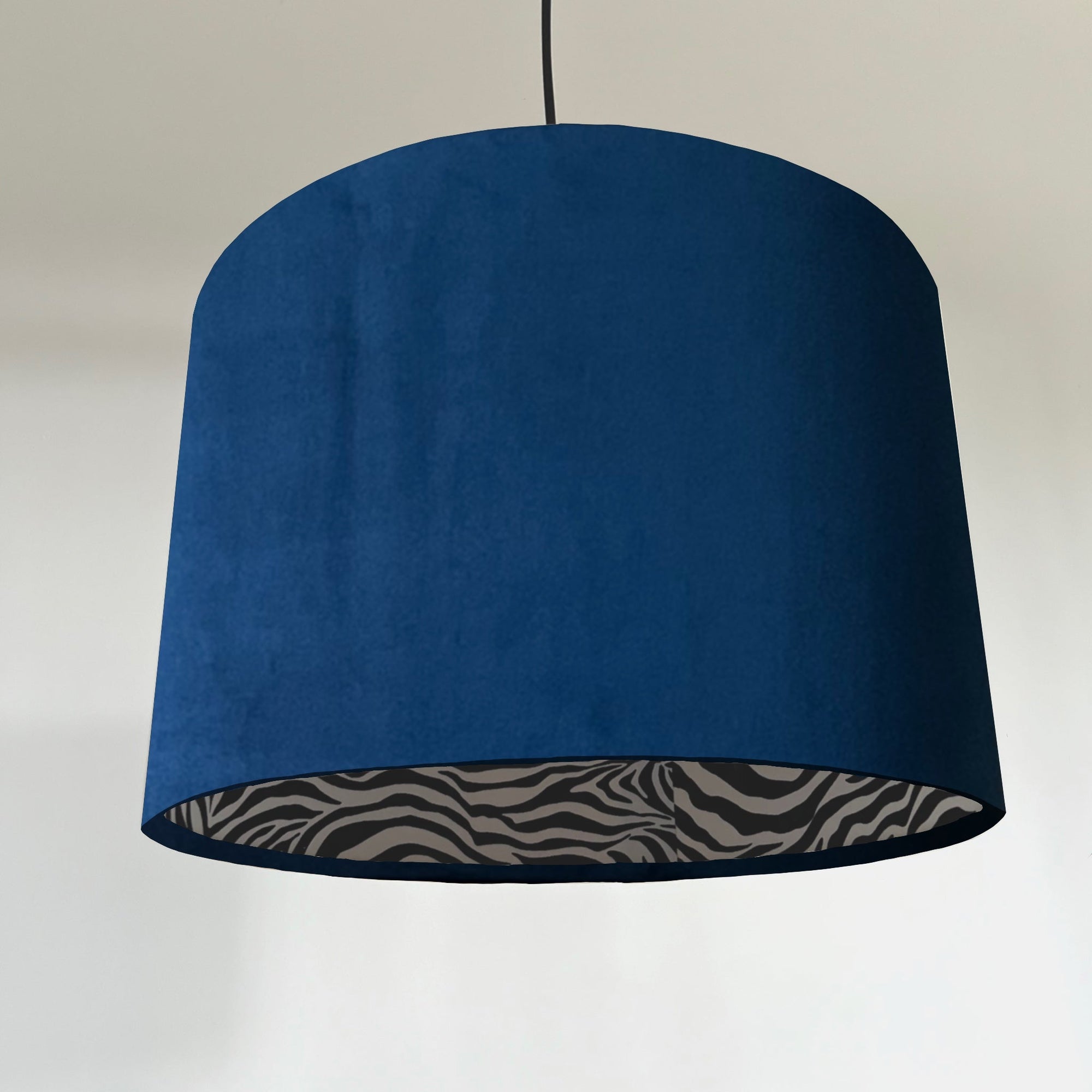 Navy Velvet &amp; Zebra Cotton Double Sided Drum Lampshade | Handmade Ceiling Light Shade | Bespoke UK