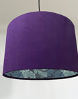 Purple velvet drum lampshade/ ceiling light shade with blue leaves paper interior