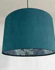 Teal velvet drum lampshade/ ceiling light shade with blue leaves paper interior