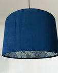 Navy blue velvet drum lampshade/ ceiling light shade with blue leaves paper interior