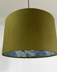 Olive velvet drum lampshade/ ceiling light shade with blue leaves paper interior