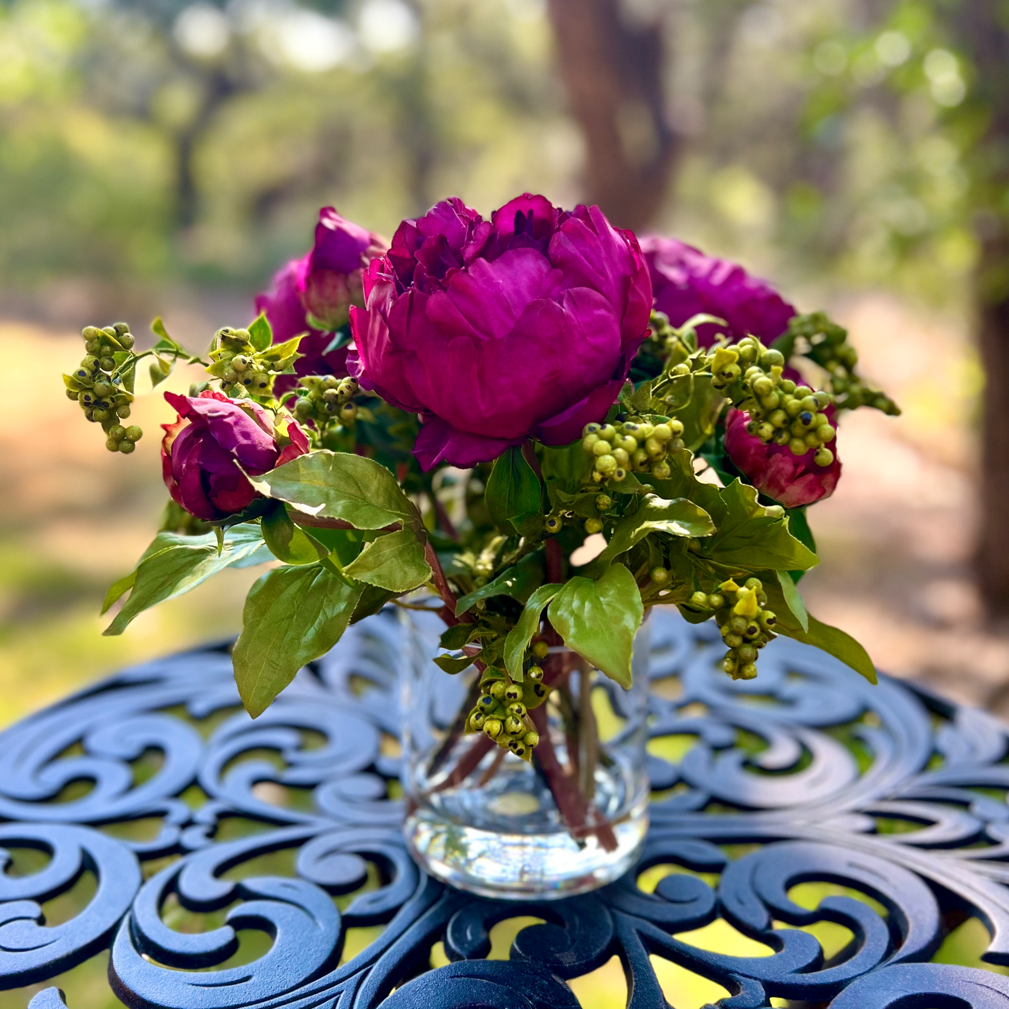 Real touch peony arrangement in glass vase - 10"