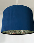 Navy velvet wonderland drum lampshade, double sided lampshade with sage wonderland paper interior