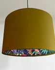 Mustard velvet drum lampshade/ ceiling light shade with wonderland paper interior