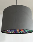Grey velvet drum lampshade/ ceiling light shade with wonderland paper interior