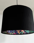 Black velvet drum lampshade/ ceiling light shade with wonderland paper interior
