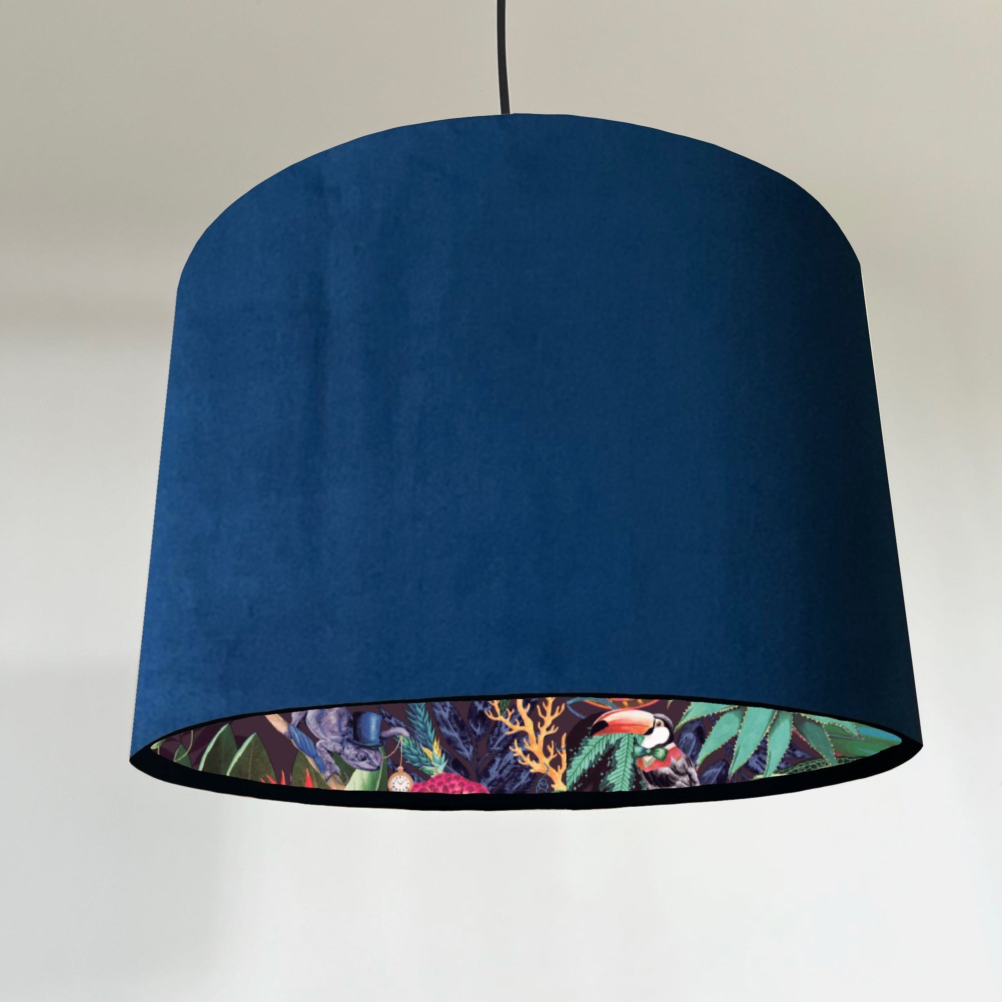 Navy velvet drum lampshade/ ceiling light shade with wonderland paper interior
