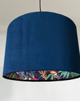 Navy velvet drum lampshade/ ceiling light shade with wonderland paper interior