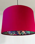 Cerise pink velvet drum lampshade/ ceiling light shade with wonderland paper interior