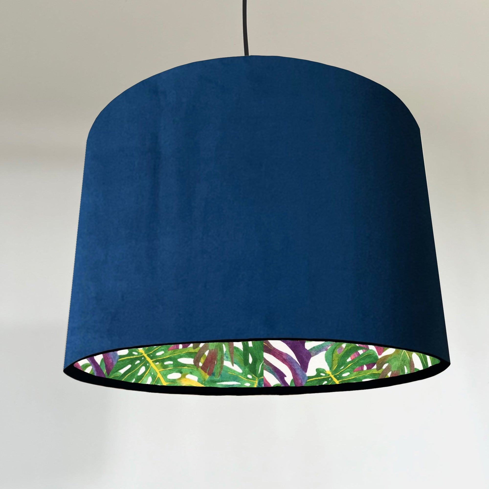 Navy Velvet &amp; Multicoloured Leaves Double Sided Drum Lampshade | Handmade Ceiling Light Shade | Bespoke UK