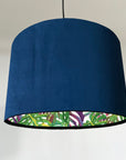 Navy Velvet & Multicoloured Leaves Double Sided Drum Lampshade | Handmade Ceiling Light Shade | Bespoke UK