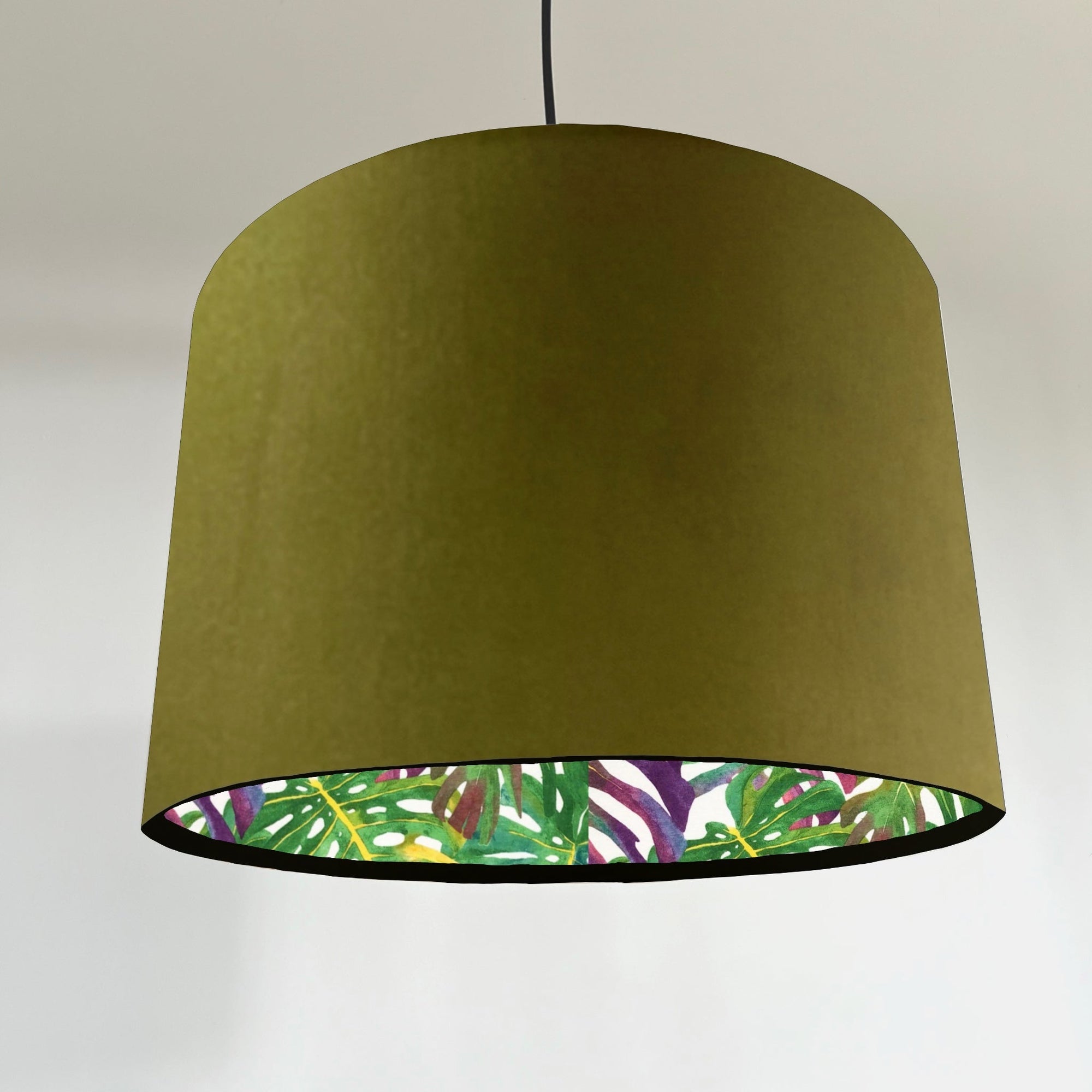 Velvet &amp; Multicoloured Leaves Double Sided Drum Lampshade | Handmade Ceiling Light Shade | Bespoke UK