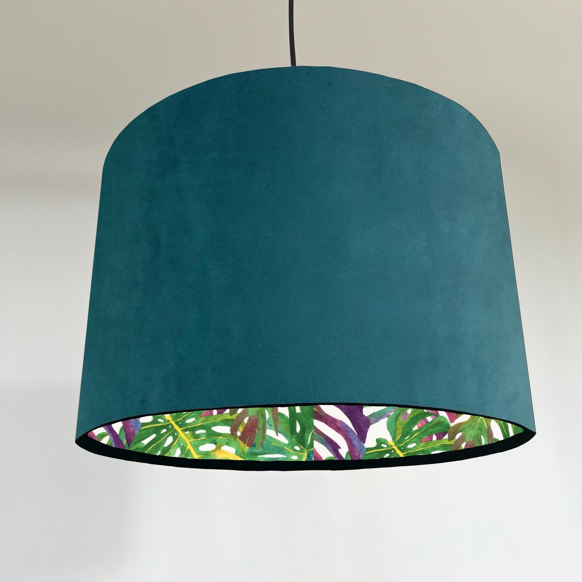 Teal Velvet &amp; Multicoloured Leaves Double Sided Drum Lampshade | Handmade Ceiling Light Shade | Bespoke UK