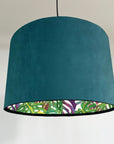 Teal Velvet & Multicoloured Leaves Double Sided Drum Lampshade | Handmade Ceiling Light Shade | Bespoke UK
