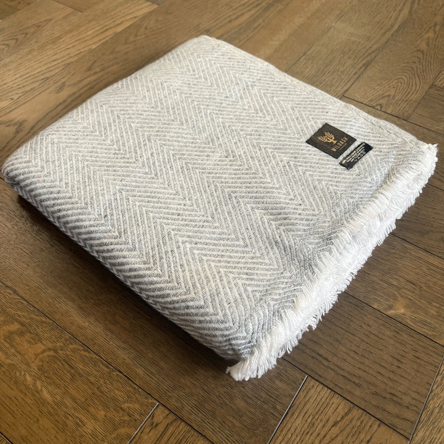 Luxury Noble Cashmere Blanket, handwoven in Nepal, 100% pure cashmere, herringbone pattern, silver grey, extra large 125 x 250 cm by Wildash London at brixbailey.com