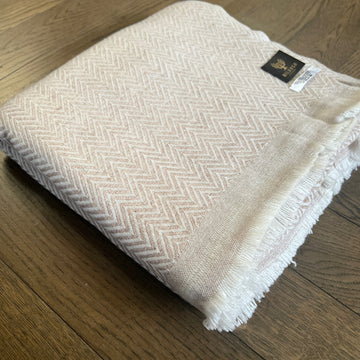 Premium Noble Cashmere Blanket, handwoven pure cashmere throw in latte light honey gold, luxury chevron pattern, soft warm elegant home decor by Wildash London at brixbailey.com