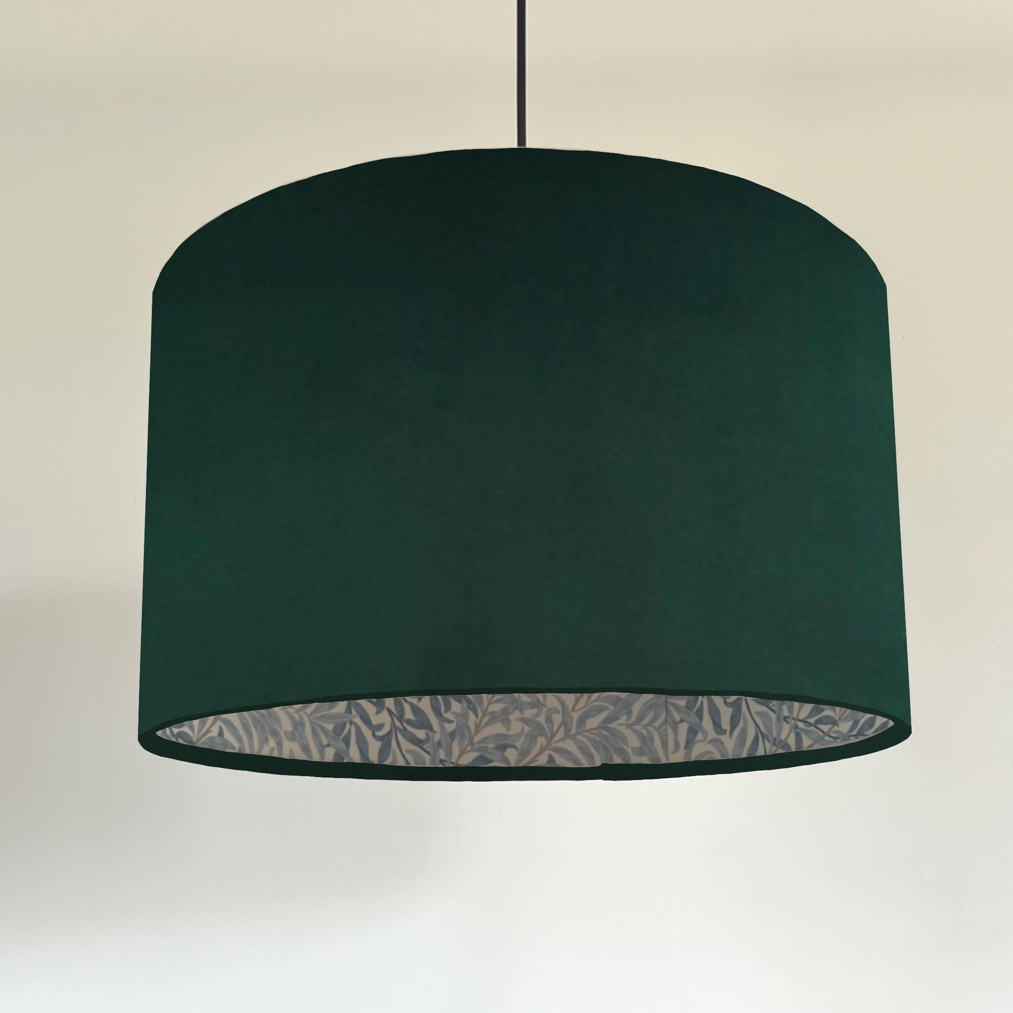 Bottle Green Velvet &amp; William Morris Blue Willow Leaves Double Sided Drum Lampshade | Handmade Ceiling Light Shade | Bespoke UK