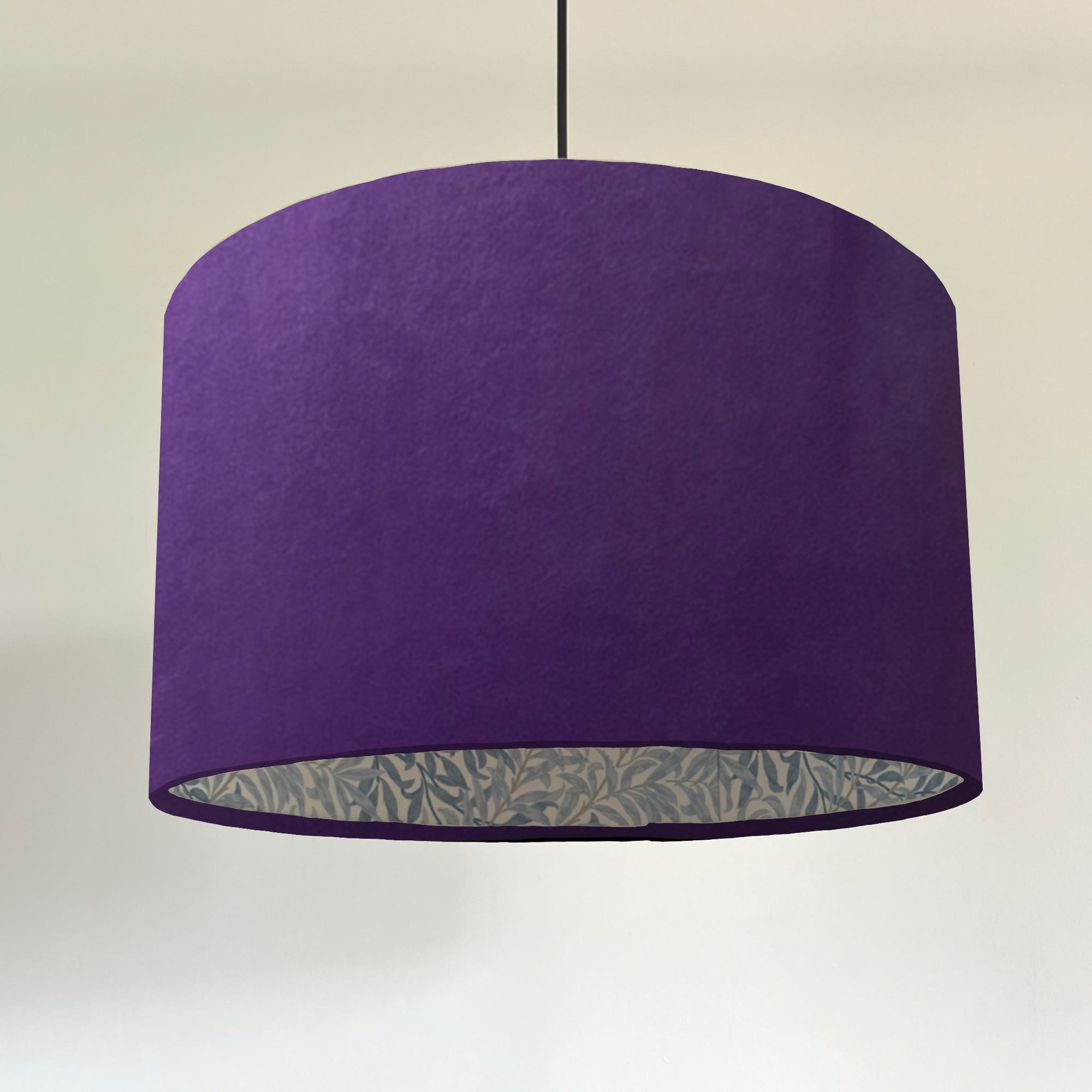 Purple Velvet &amp; William Morris Blue Willow Leaves Double Sided Drum Lampshade | Handmade Ceiling Light Shade | Bespoke UK