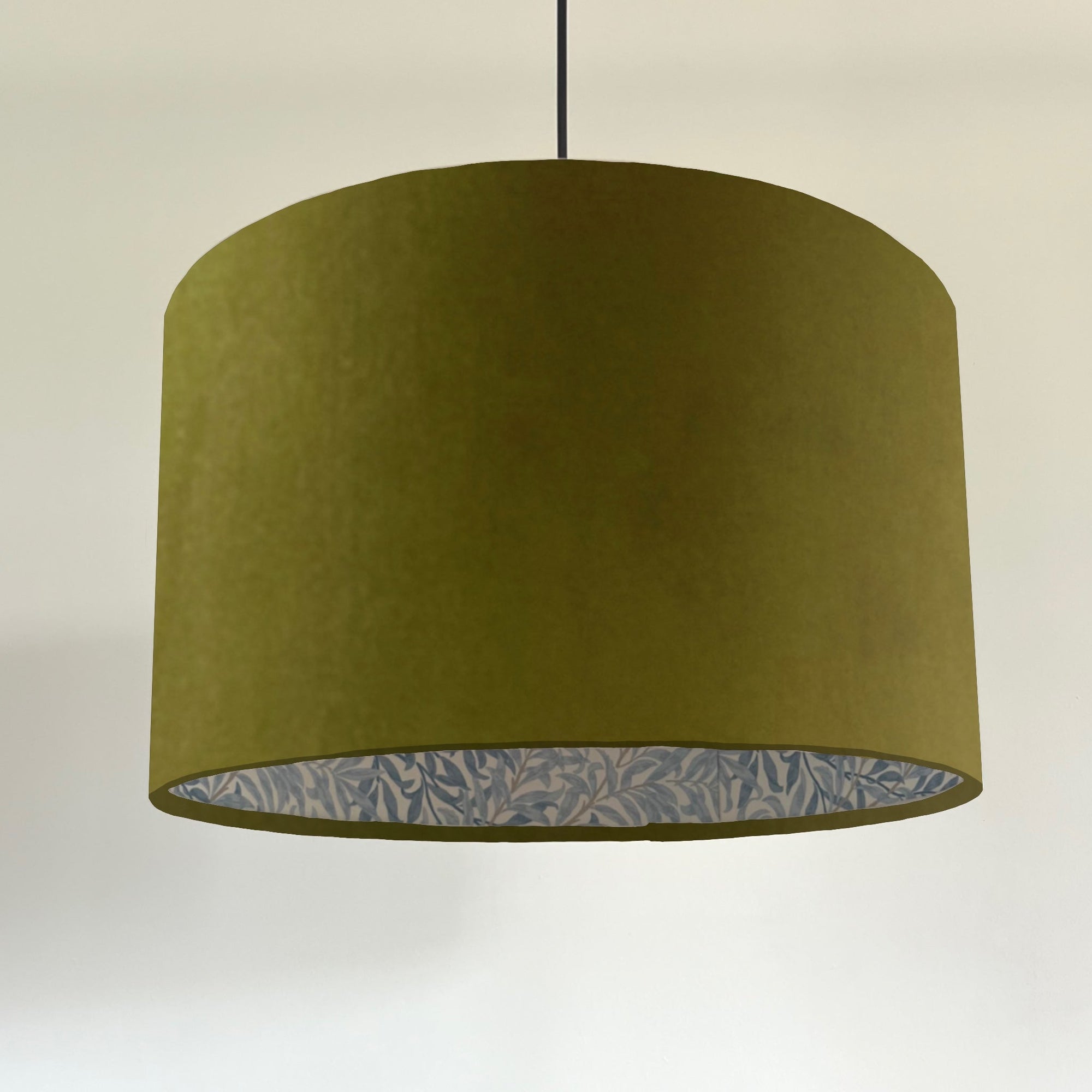 Olive Green Velvet &amp; William Morris Blue Willow Leaves Double Sided Drum Lampshade | Handmade Ceiling Light Shade | Bespoke UK
