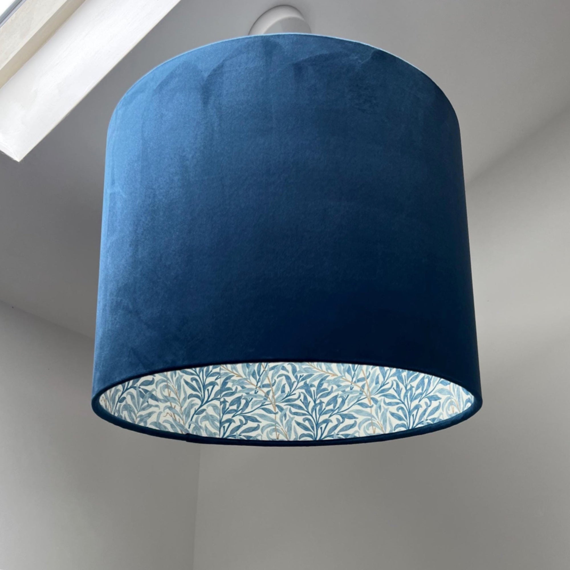 Navy Velvet &amp; William Morris Blue Willow Leaves Double Sided Drum Lampshade | Handmade Ceiling Light Shade | Bespoke UK