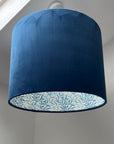 Navy Velvet & William Morris Blue Willow Leaves Double Sided Drum Lampshade | Handmade Ceiling Light Shade | Bespoke UK