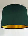 Green velvet drum lampshade/ ceiling shade with a metallic brushed gold lining