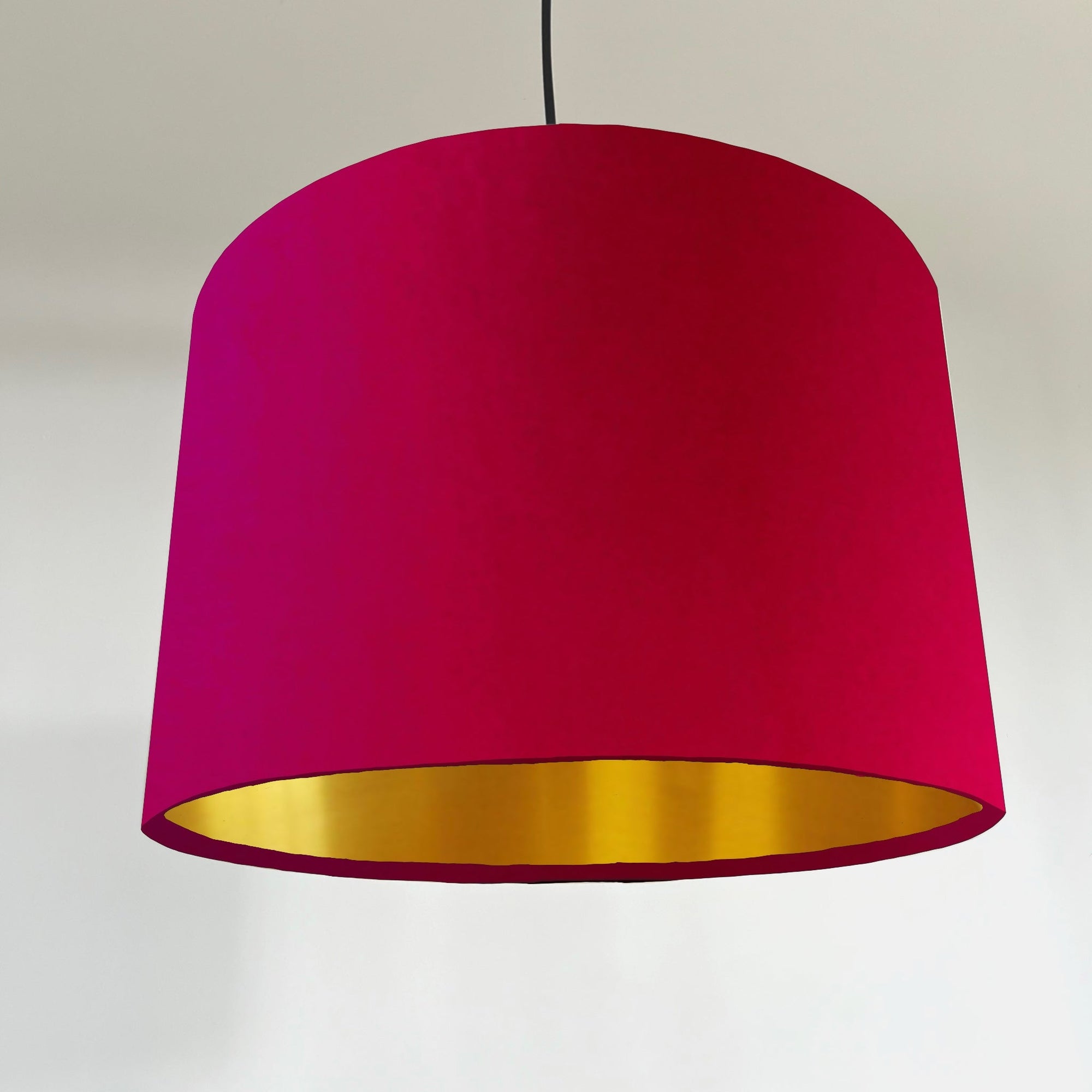 Cerise pink velvet drum lampshade/ ceiling shade with a metallic brushed gold lining