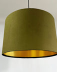 Olive green velvet drum lampshade/ ceiling shade with a metallic brushed gold lining