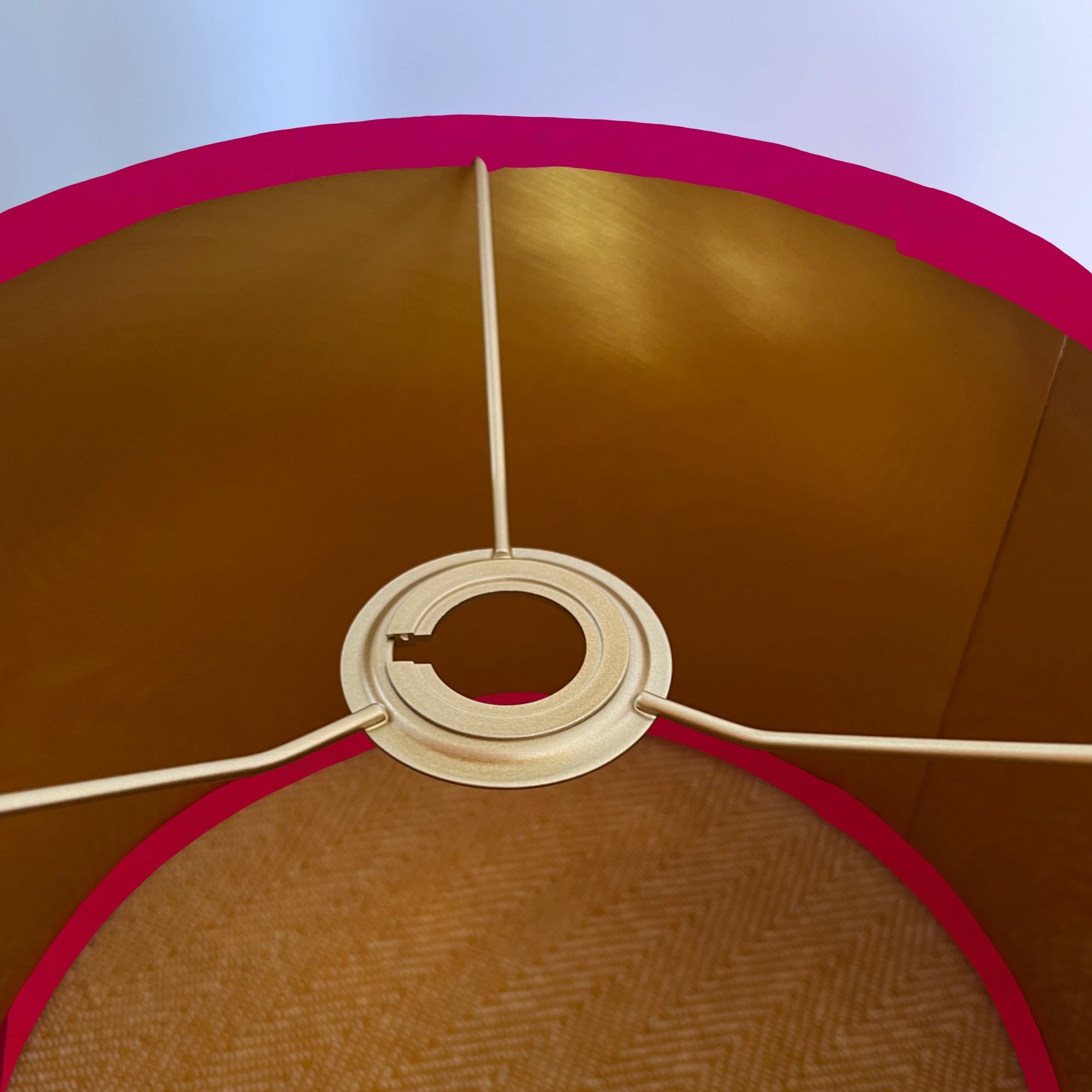 Cerise pink velvet drum lampshade/ ceiling shade with a metallic brushed gold lining