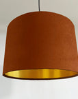 Burnt Orange velvet drum lampshade/ ceiling shade with a metallic brushed gold lining