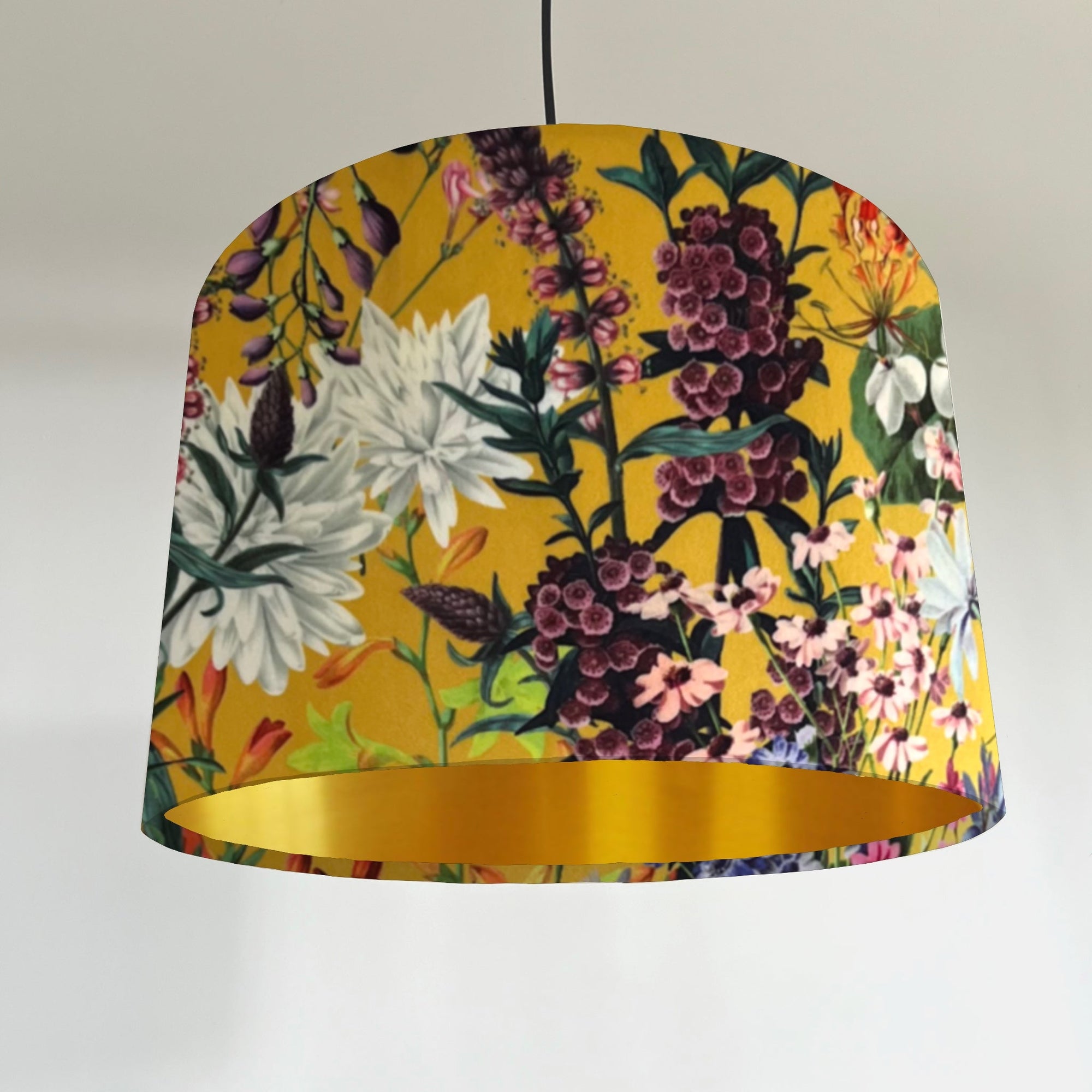 Mustard flowers velvet drum lampshade / ceiling shade, with a metallic brushed gold lining
