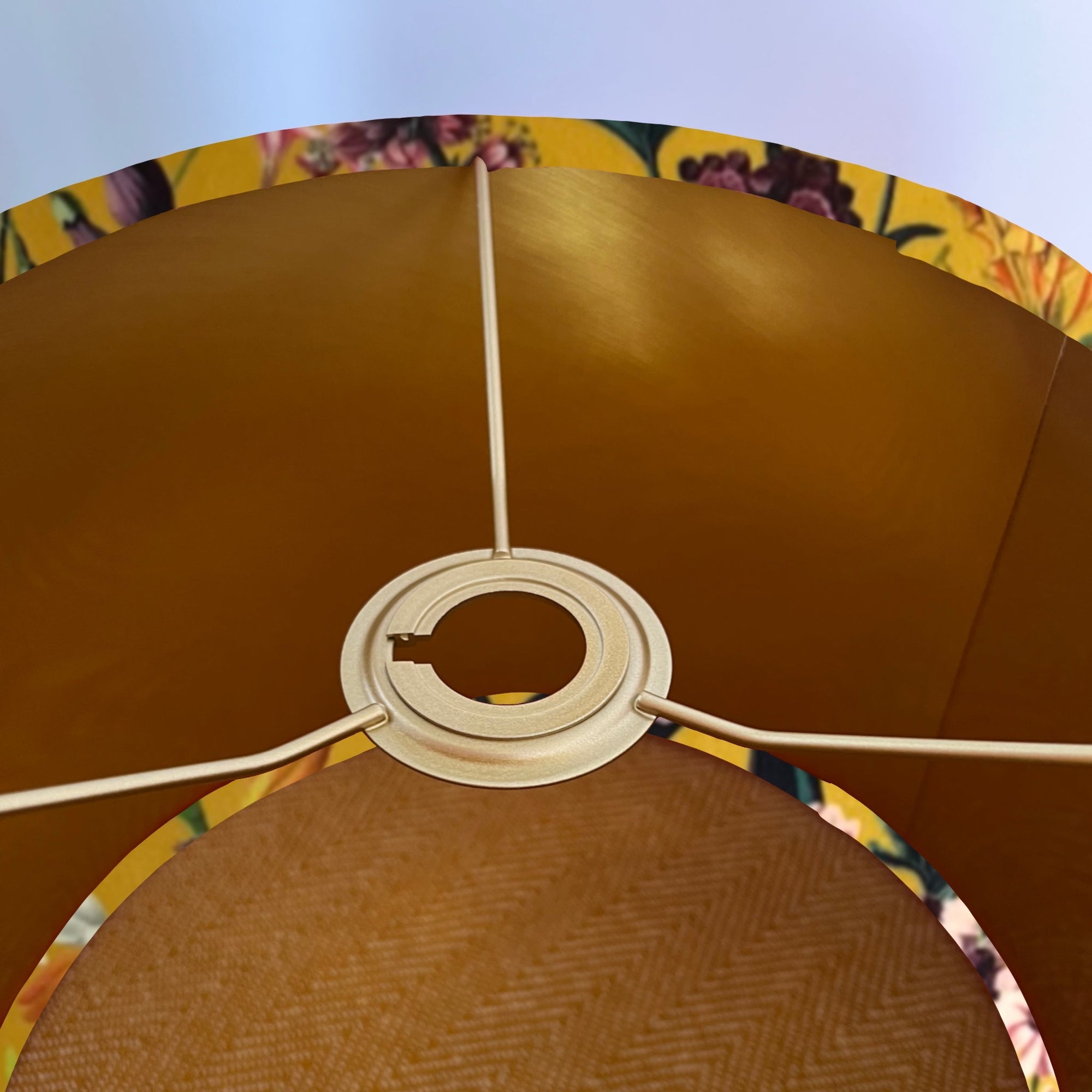 Mustard flowers velvet drum lampshade / ceiling shade, with a metallic brushed gold lining