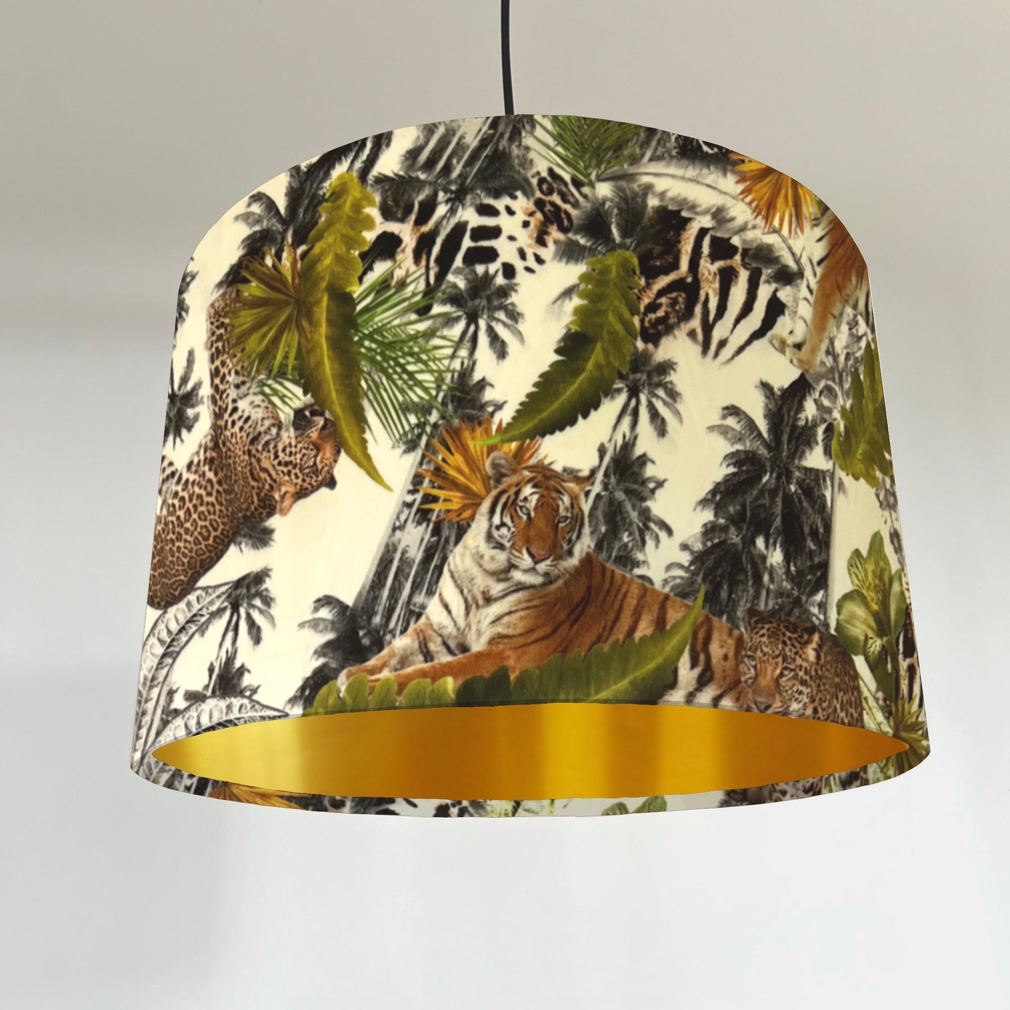 Tropical tiger, cheetah velvet drum lampshade / ceiling shade, with a metallic brushed gold lining