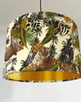 Tropical tiger, cheetah velvet drum lampshade / ceiling shade, with a metallic brushed gold lining
