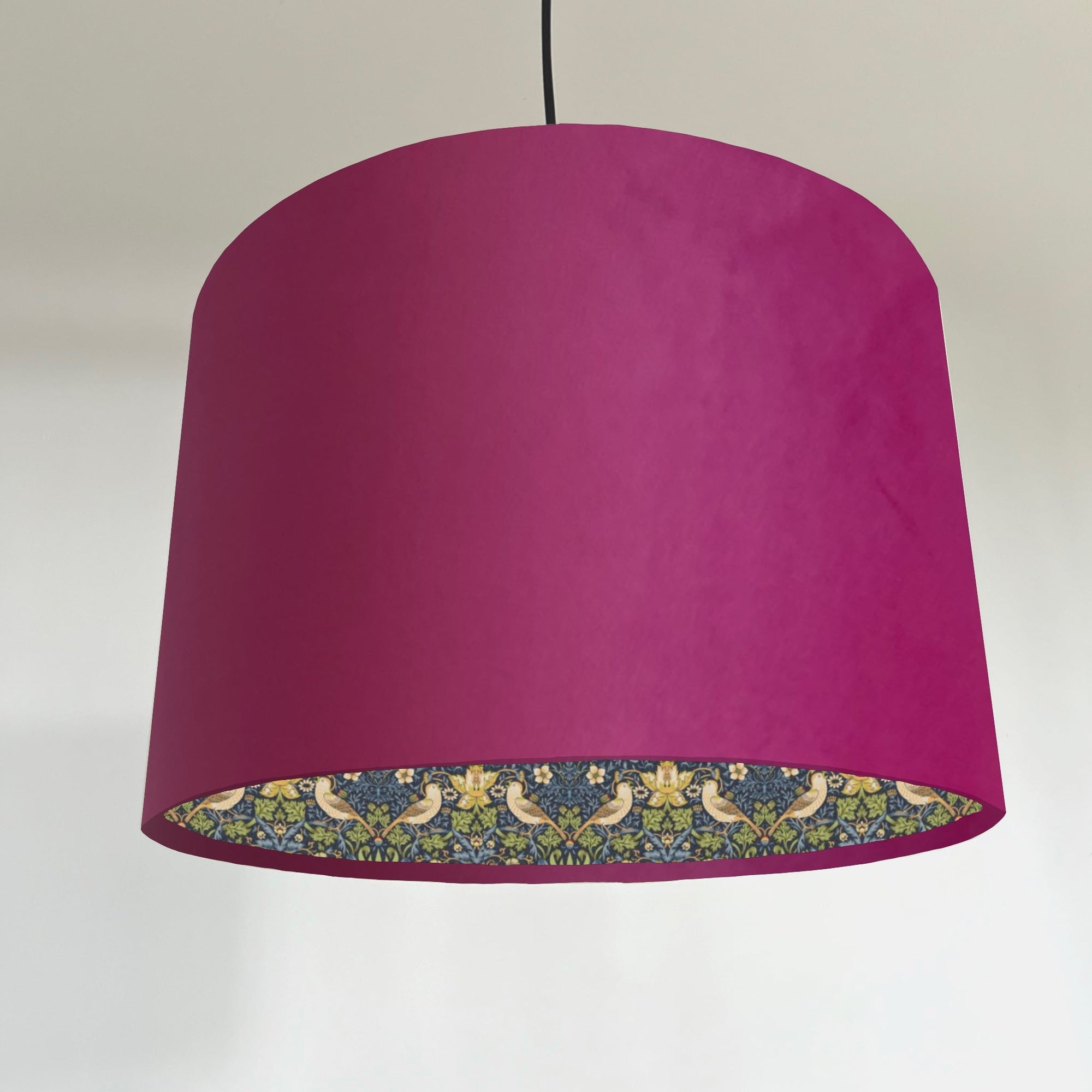 Hot Pink Velvet &amp; Navy Strawberry Thief Double Sided Drum Lampshade | Handmade Ceiling Light Shade | Bespoke UK