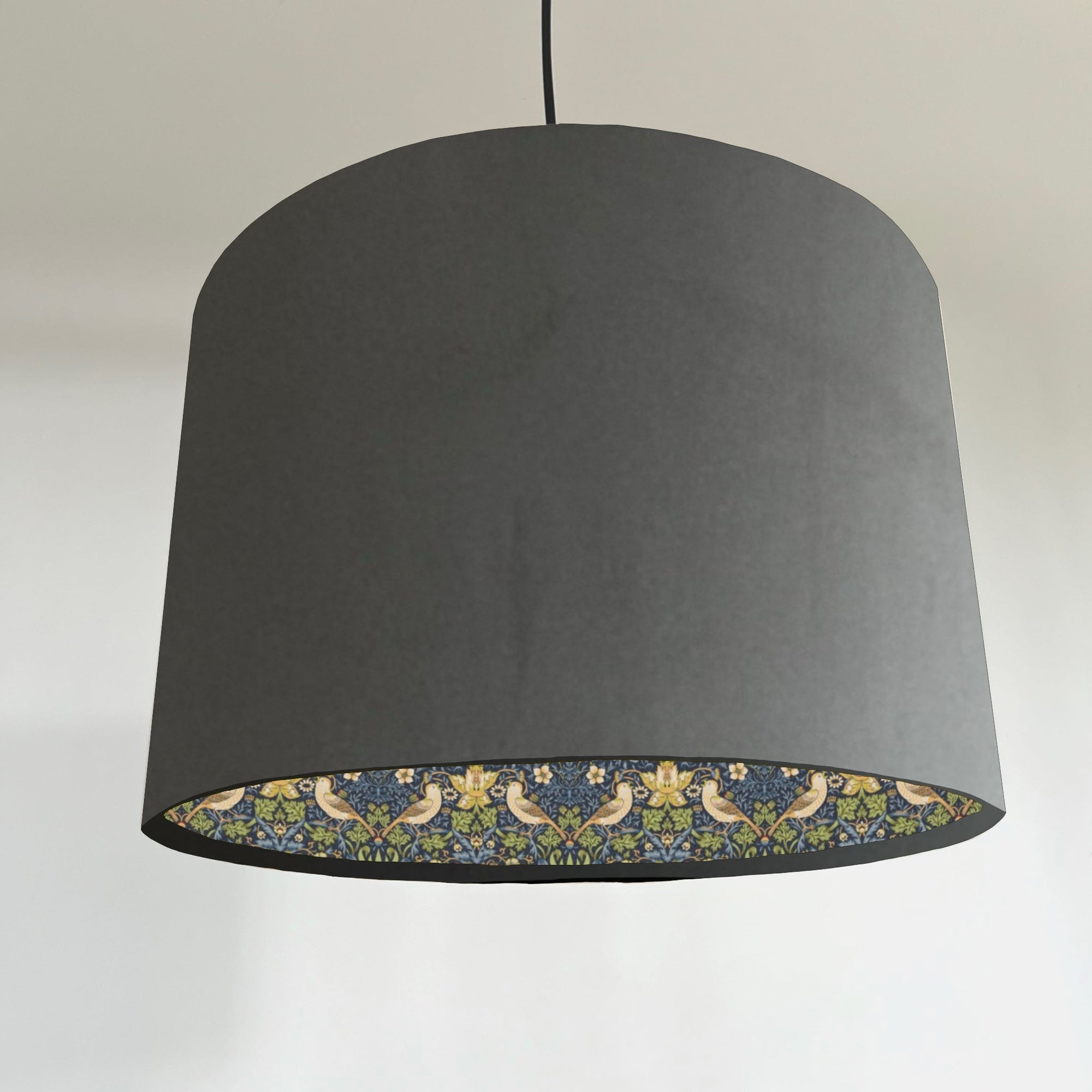 Grey Velvet &amp; Navy Strawberry Thief Double Sided Drum Lampshade | Handmade Ceiling Light Shade | Bespoke UK