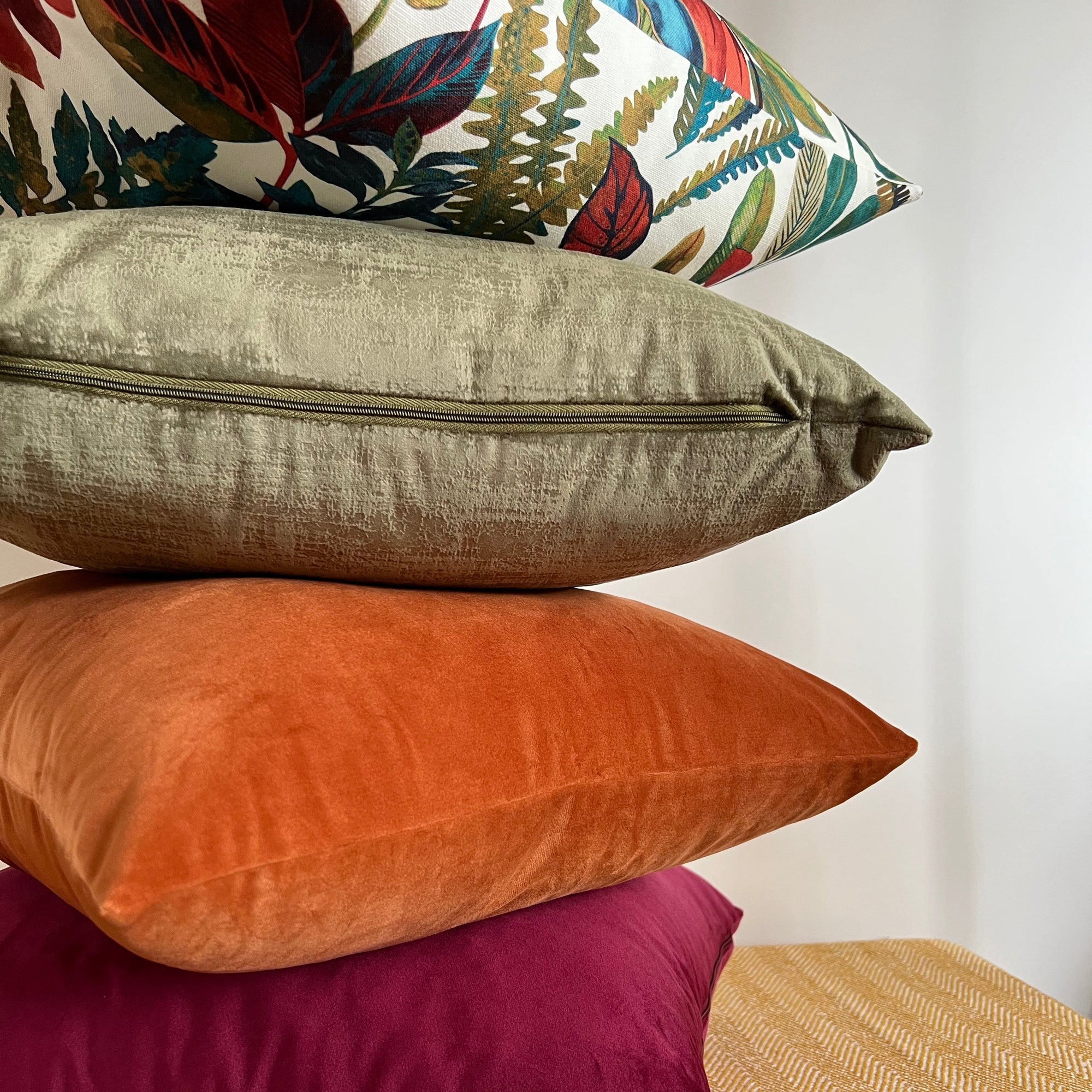 Textured olive velvet throw cushion, scatter cushion