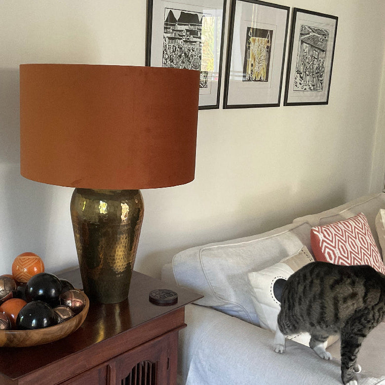 Burnt Orange Velvet &amp; Zebra Cotton Double Sided Drum Lampshade | Handmade Ceiling Light Shade | Bespoke UK