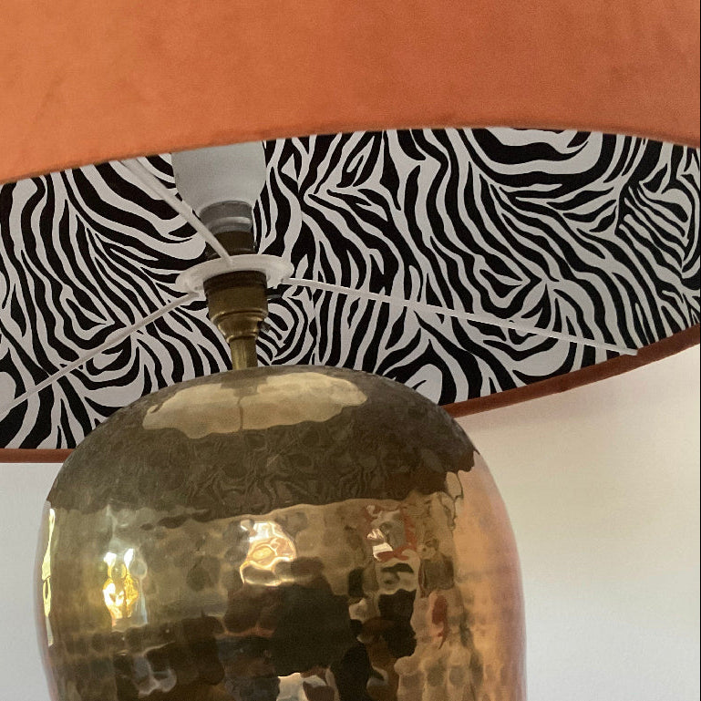 Burnt Orange Velvet &amp; Zebra Cotton Double Sided Drum Lampshade | Handmade Ceiling Light Shade | Bespoke UK